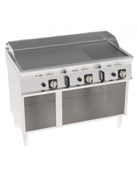 Fry-Top a gas su vano aperto, 2/3 liscio + 1/3 rigato cromato spazzolato - zona cottura cm 113x56 - gas Kw 21,6 - cm 120x70x90h
