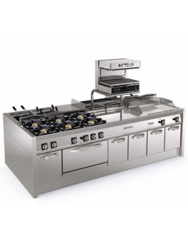 Fry-Top a gas su vano aperto, 3 zone cottura, piastra liscia cromata spazzolata cm 113x56, potenza gas Kw 21,6 - cm 120x70x90h