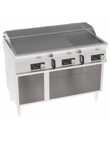 Fry top elettrico su vano aperto, piastra 2/3 liscia + 1/3 rigata cromata spazzolata - con controllo elettronico - cm 120x70x90h