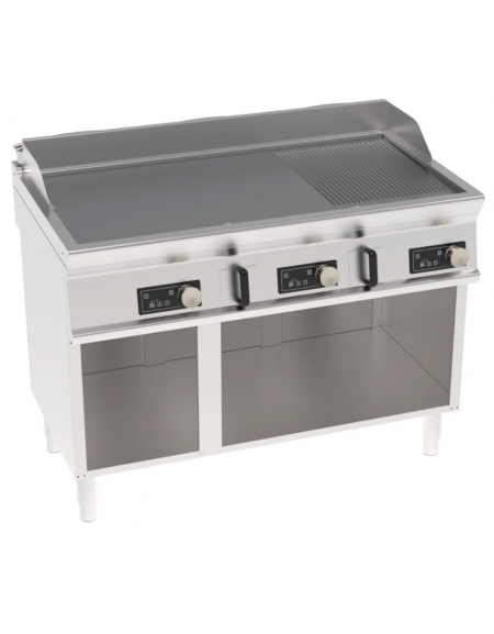 Fry top elettrico su vano aperto, piastra 2/3 liscia + 1/3 rigata cromata spazzolata - con controllo elettronico - cm 120x70x90h