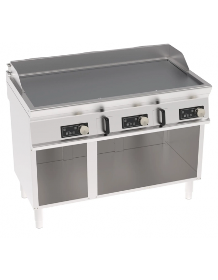 Fry top elettrico su vano aperto, 3 zone cottura, piastra liscia cromata spazzolata - con controllo elettronico - cm 120x70x90h