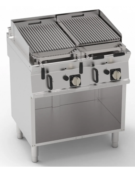 Griglia gas a pietra lavica su vano aperto - 2 griglie inox dim. cm 46×36 cad. - potenza gas totale Kw 16 - cm 80x70x90h