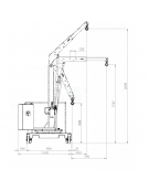 Carrello gru manuale girevole idraulica zavorrata Ruote (2 fisse, 2 girevoli con freno), portata Kg 500, sbraccio fino a cm 280