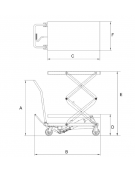 Piattaforma carrellata grande alzata 350 Kg., ruote in poliuretano Ø cm 12,8x4 di cui 2 girevoli con freno - piano cm 91x50
