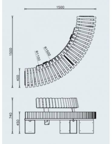 Panchina angolare con schienale, in legno di pregio e acciaio zincato e verniciato - modulo da cm 150x74h