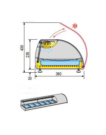 Espositore Da Banco refrigerato per Sushi con vetro unico frontale - Capacità N° 6 bacinelle GN1/3 - Dimensioni cm 143,7X38X25,5