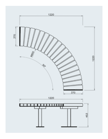 Panchina angolare senza schienale, seduta in legno di pregio e struttura acciaio zincato e verniciato - Modulo  da 45° o 90°
