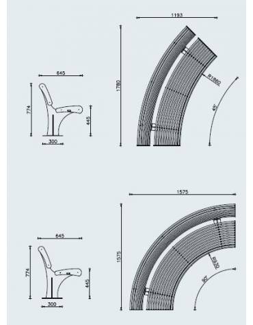 Panchina angolare con schienale esterno, struttura in acciaio zincato e verniciato - cm 1780x1193/1575x1575