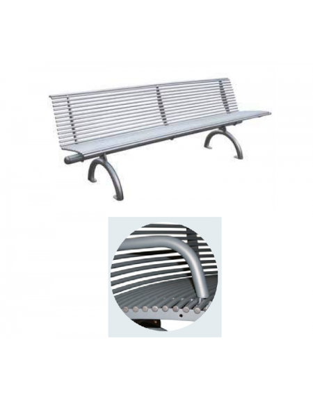 Panchina con schienale e braccioli interamente in acciaio inox con seduta ergonomica - cm 197x62x75,9h
