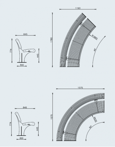 Panchina angolare con schienale esterno, struttura in acciaio inox - Modulo da 45° o 90°