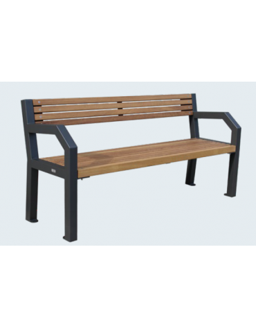 Panchina con schienale e braccioli, in acciaio zincato e verniciato, con legno di pino - cm 180x58x85,9h