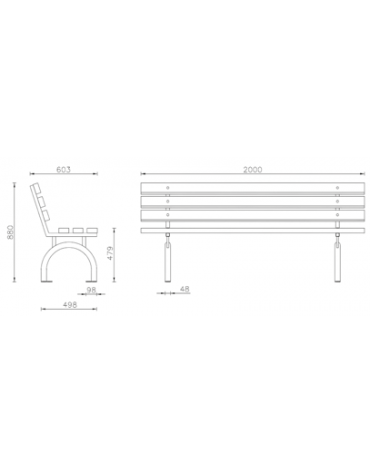 Panchina con schienale, in acciaio zincato e verniciato, seduta e schienale con doghe in legno di pregio - cm 200x60,3x88h