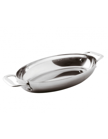 Tegame ovale in acciaio inox-alluminio, 2 maniglie in acciaio inox - capacità lt. 1,4 - dimensioni cm 30x18x5h