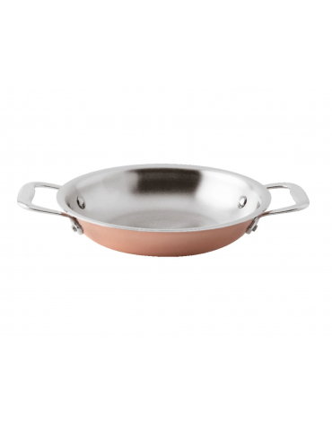 Padella gratin monoporzione per servizio a tavola con esterno rame lucido ed interno inox - lt. 0,50 -Diametro cm 16 - h cm 3,5