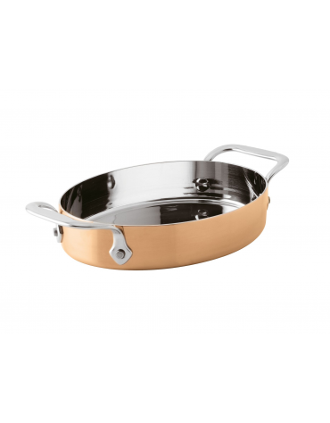 Tegame ovale monoporzione per servizio a tavola con esterno rame lucido ed interno inox - lt. 0,48 - cm 17x13x3,5h