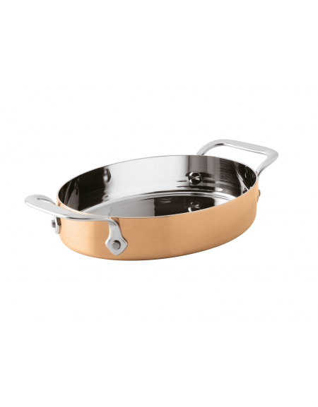Tegame ovale monoporzione per servizio a tavola con esterno rame lucido ed interno inox - lt. 0,48 - cm 17x13x3,5h