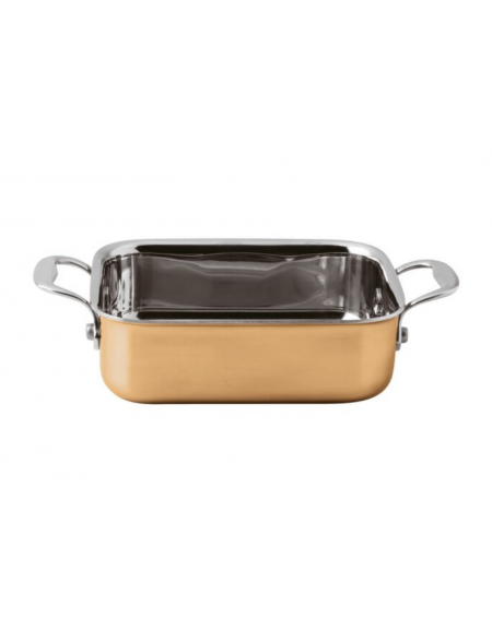 Tegame rettangolare monoporzione per servizio a tavola con esterno rame lucido ed interno inox - cm 12x10x4h