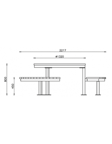 Set composto da un tavolo tondo e tre panchine piane curve in acciaio con legno di pino - cm 221,7x221,7x80h