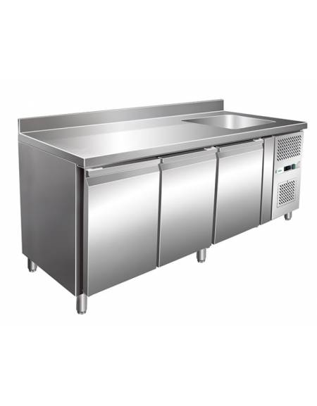 Tavolo Refrigerato GN 1/1 con 3 porte e piano con lavello cm 40x40x20h - Ventilato -2° +8°C -CLASSE B - Dimensioni cm 202x70x96h