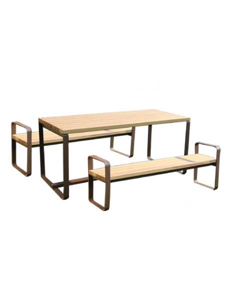 Set composto da tavolo + 2 panchine senza schienale, struttura piatta in acciaio, con legno di pregio - cm 180x80h