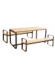 Set composto da tavolo + 2 panchine senza schienale, struttura piatta in acciaio, con legno di pregio - cm 180x80h