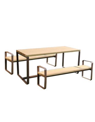 Set composto da tavolo + 2 panchine senza schienale, struttura piatta in acciaio, con legno di pino - cm 180x80h