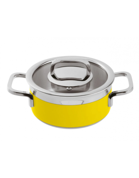 Casseruola bassa inox con coperchio, colore finitura esterna Giallo verniciato - Diametro cm 16, Altezza cm 8, Capacità lt 1,6