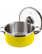 Casseruola bassa inox con coperchio, colore finitura esterna Giallo verniciato - Diametro cm 16, Altezza cm 8, Capacità lt 1,6