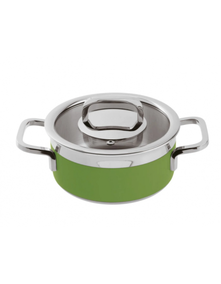 Casseruola bassa inox con coperchio, colore finitura esterna Verde verniciato - Diametro cm 16, Altezza cm 8, Capacità lt 1,6