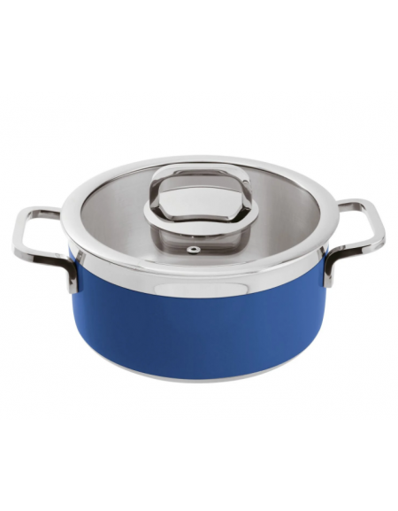 Casseruola bassa inox con coperchio, colore finitura esterna Blu  verniciato - Diametro cm 20, Altezza cm 10, Capacità lt 3,1