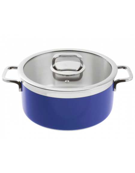 Casseruola bassa inox con coperchio, colore finitura esterna Blu verniciato - Diametro cm 24, Altezza cm 12, Capacità lt 5,4