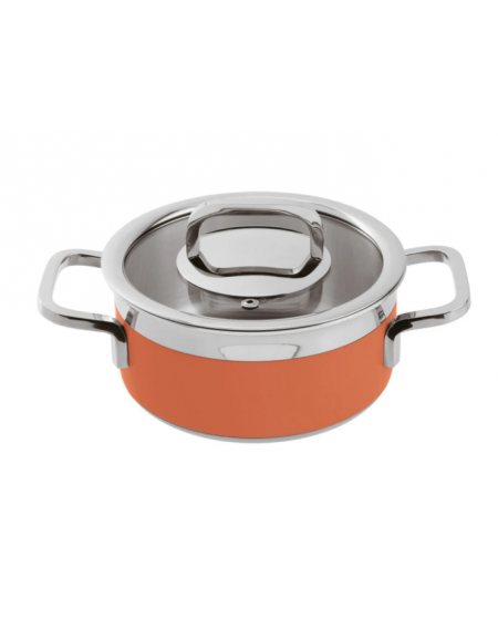 Casseruola bassa inox con coperchio, colore finitura esterna Arancione verniciato -Diametro cm 16, Altezza cm 8, Capacità lt 1,6