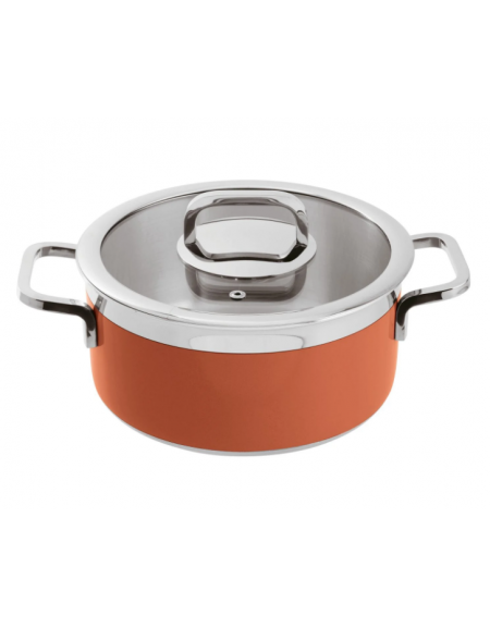 Casseruola bassa inox con coperchio, colore finitura esterna Arancione verniciato - Ø cm 20, Altezza cm 10, Capacità lt 3,1