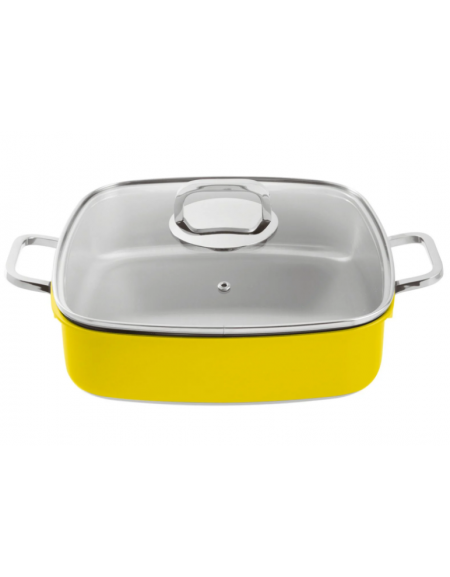 Casseruola carrè in acciaio inox con coperchio, colore finitura esterna Giallo verniciato - Capacità lt 4 - cm 27x27x7h