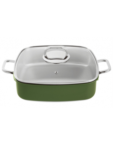 Casseruola carrè in acciaio inox con coperchio, colore finitura esterna Verde verniciato - Capacità lt 4 - cm 27x27x7h
