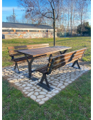 Set composta da tavolo + 2 panchine con schienale in legno di pino, struttura in acciaio zincato e verniciato - cm 200x86h