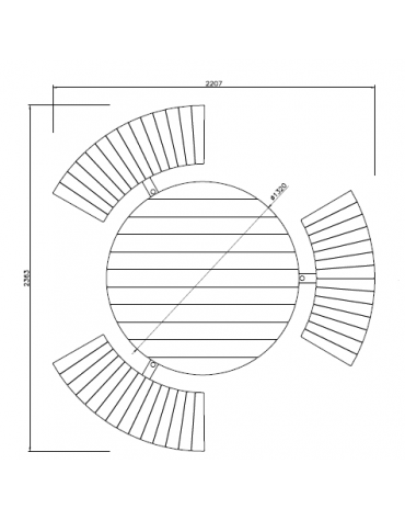 Set composto da un tavolo tondo  e tre panchine piane curve in acciaio con legno di pregio- cm 221,7x80h
