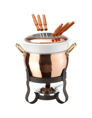 Set fonduta pentola in rame con rivestimento in ceramica e struttura in metallo - Diametro Ø cm 16 - Altezza cm 26