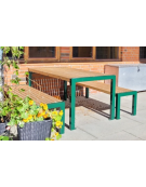 Set composto da tavolo + 2 panchine senza schienale, struttura acciaio ,seduta e piano in legno di pregio -cm 180x85,4h