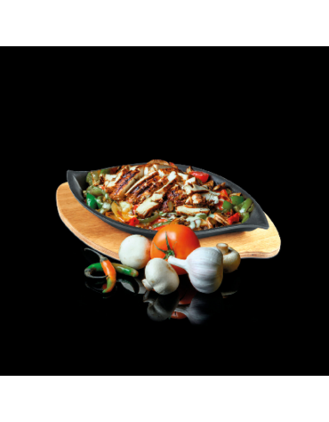 Piatto a servire in ghisa con supporto in legno di faggio - 1 porzione - Litri 0,29 - Dimensioni cm 15x26x3,8h