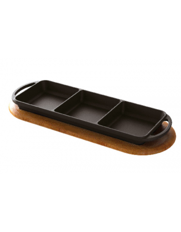 Piatto a servire in ghisa con tre scomparti e supporto in legno di faggio - 3 porzioni - Litri 0,75 - Dimensioni cm 12x33x4,5h