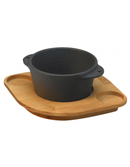 Coppa soufflé in ghisa smaltata con sopporto a servire in legno di faggio - 1 porzione - litri 0,15 - Diametro Ø cm 8