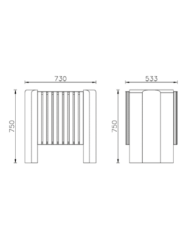 Cestino portarifiuti senza coperchio con listelli in legno di pino e fianchi in cemento cm 73x53,3x75h