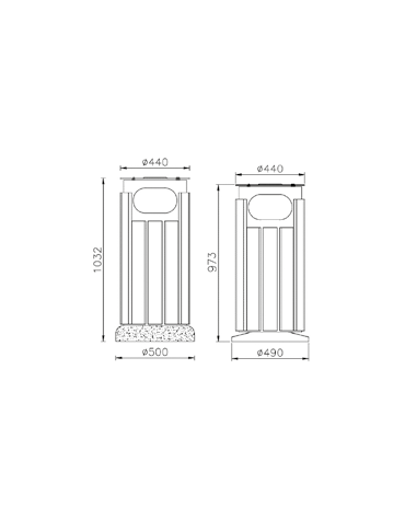 Cestino portarifiuti forma cilindrica in acciaio zincato e verniciato, doghe legno di pregio, base in ferro - cm Ø 44x97,3h