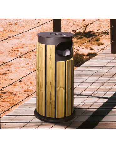 Cestino portarifiuti forma cilindrica in acciaio zincato e verniciato, doghe legno di pino, base in ferro - cm Ø 40x97,3h