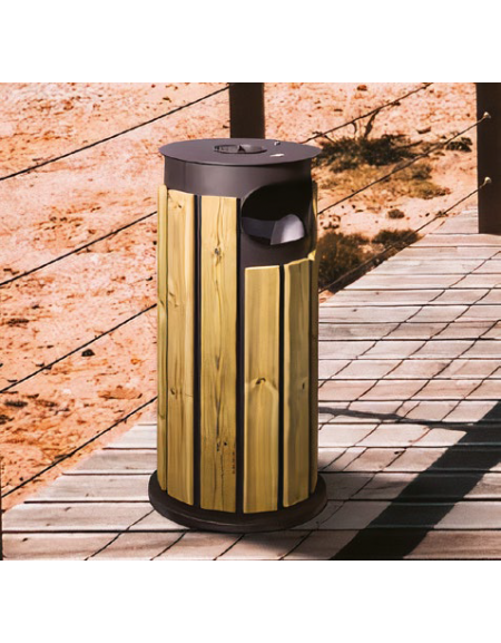 Cestino portarifiuti forma cilindrica in acciaio zincato e verniciato, doghe legno di pino, base in ferro - cm Ø 40x97,3h