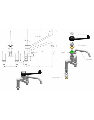Rubinetto biforo miscelatore a lavello con leva clinica in plastica nera - Lunghezza canna mm 250