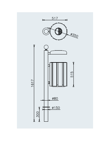 Cestino a forma cilindrica con doghe in legno di pino e coperchio con spegnisigarette , da inghisare - cm Ø35x161,7h