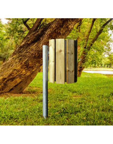 Cestino portarifiuti con paletto in acciaio da inghisare , contenitore ricoperto di doghe in legno di pino - cm 41,1x33,3x128h