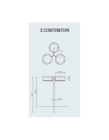 Cestino a 3 settori per la raccolta differenziata a forma cilindrica con nervatura - cm Ø35 (x3) x 120h